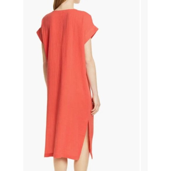 Eileen Fisher Shift Cotton Dress Womens Large Orange Short Sleeve Lightweight - Picture 4 of 7
